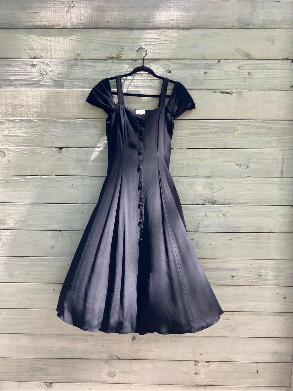Vintage MODA INT’L Elegant Black Off-Shoulder Dress Button Up Whimsigoth Y2K